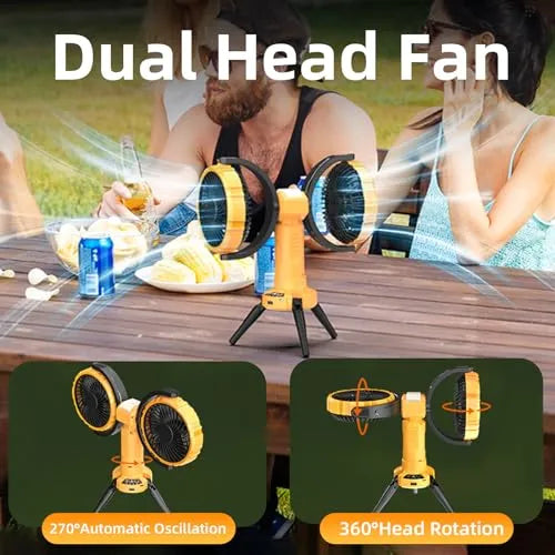 Double Head Camping Fan with LED Light.8000mAh Rechargeable Battery Powered Tripod Tent Fan.270° Oscillating Portable Fan 360° Rotation with Hook for Home.Outdoor.Bedroom.Canopy.Travel.Fishing