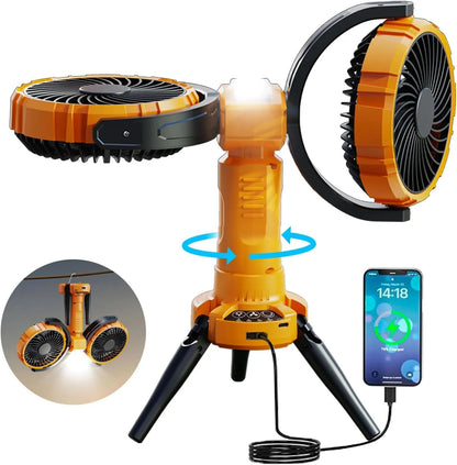 Double Head Camping Fan with LED Light.8000mAh Rechargeable Battery Powered Tripod Tent Fan.270° Oscillating Portable Fan 360° Rotation with Hook for Home.Outdoor.Bedroom.Canopy.Travel.Fishing