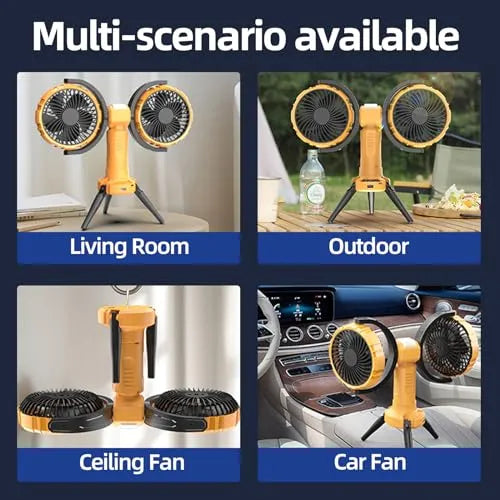 Double Head Camping Fan with LED Light.8000mAh Rechargeable Battery Powered Tripod Tent Fan.270° Oscillating Portable Fan 360° Rotation with Hook for Home.Outdoor.Bedroom.Canopy.Travel.Fishing