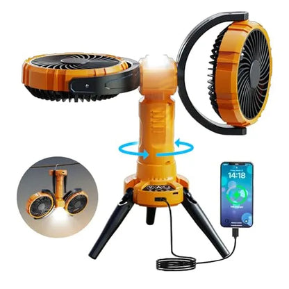 Double Head Camping Fan with LED Light.8000mAh Rechargeable Battery Powered Tripod Tent Fan.270° Oscillating Portable Fan 360° Rotation with Hook for Home.Outdoor.Bedroom.Canopy.Travel.Fishing