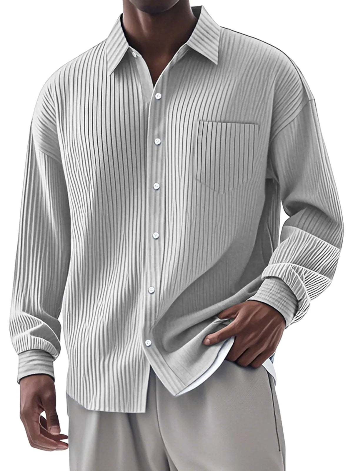 CLEARANCE SALE🔥Men's Casual Simple Vertical Pit Strip Long-sleeved Lapel Shirt